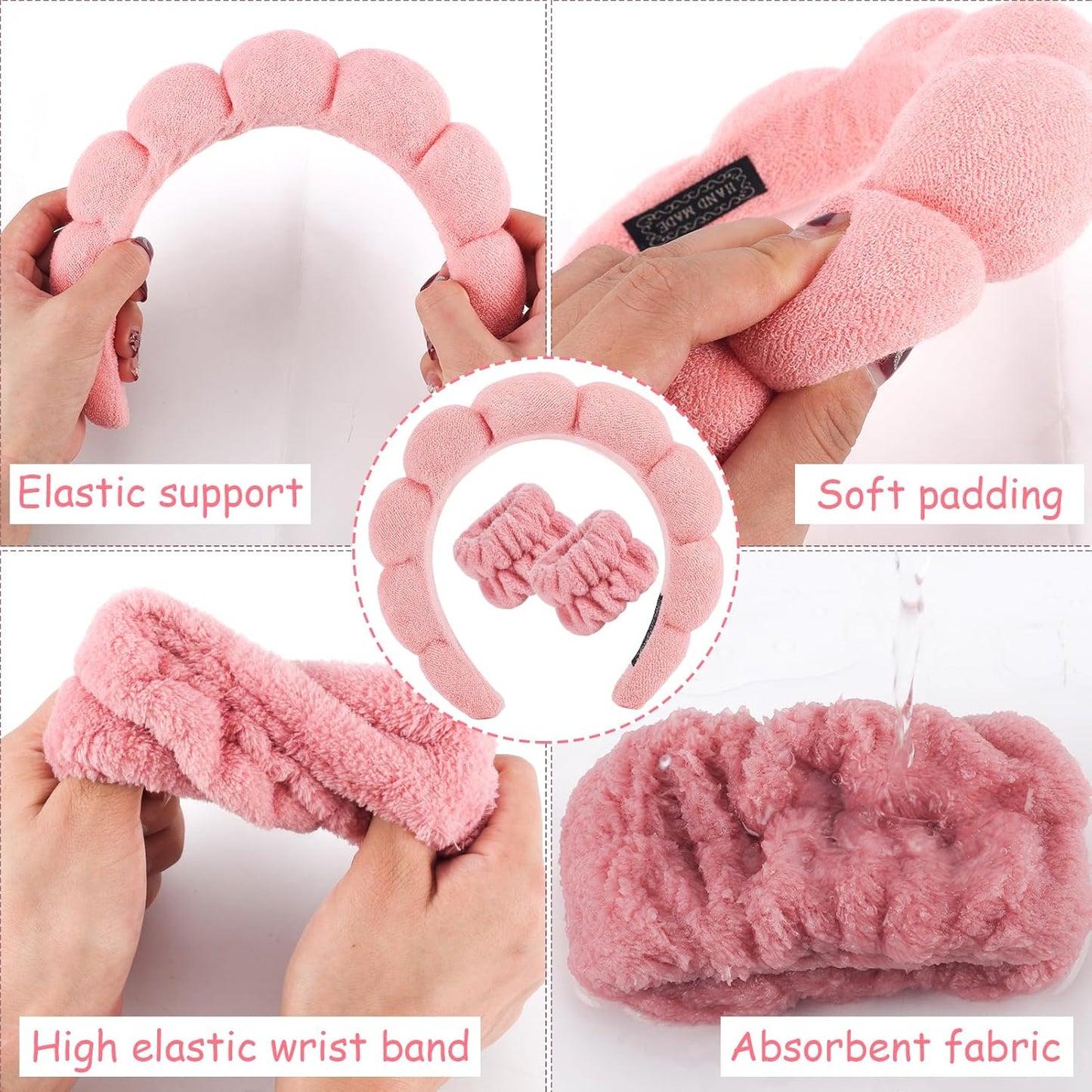 Zkptops Spa Headband for Washing Face Wristband Set Sponge Makeup Skincare Terry Cloth Bubble Soft Get Ready Hairband for Women Girl Puffy Padded Headwear Non Slip Thick Hair Accessory(Orange Pink-2)
