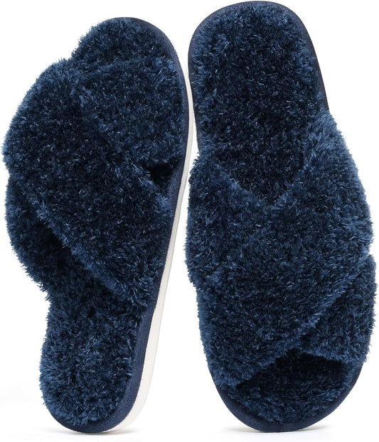 Evshine Women's Fuzzy Slippers Cross Band Memory Foam House Slippers Open Toe
