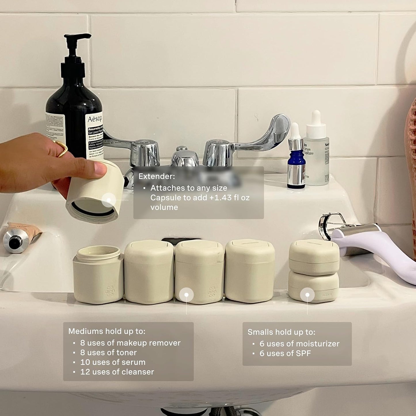 Cadence Travel Containers - Full Skincare Set - Magnetic Containers with Lids,Carry On Travel Essentials For Women/Men - 2 Small (0.56oz), 4 Medium Capsules (1.32oz), & Extender (1.43oz) - Sand