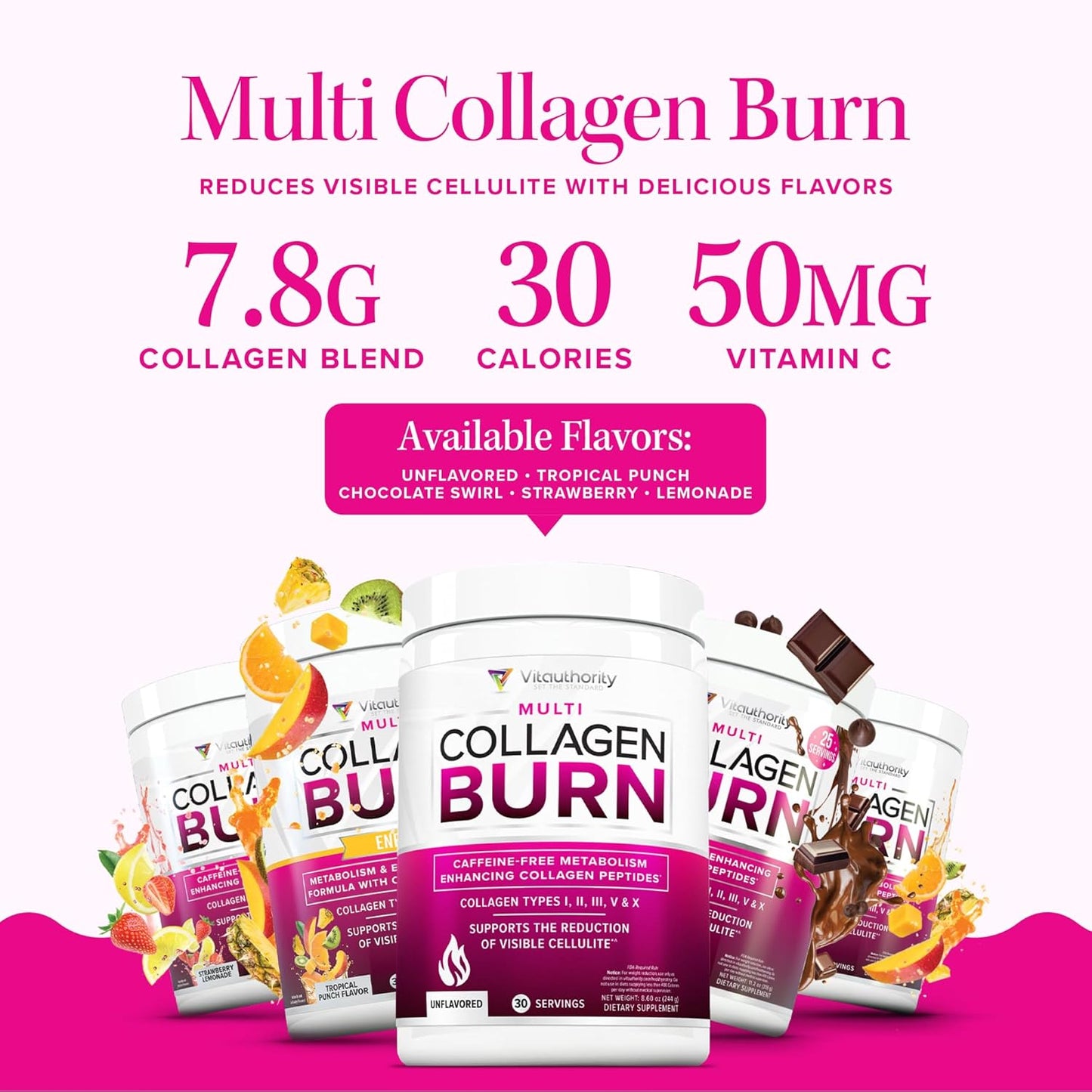 Multi Collagen Burn: MultiType Hydrolyzed Protein Peptides with Hyaluronic Acid, Vitamin C, SOD B Dimpless, Types I, II, III, V and X, with Caffeine 30 Servings Tropical Punch Flavored