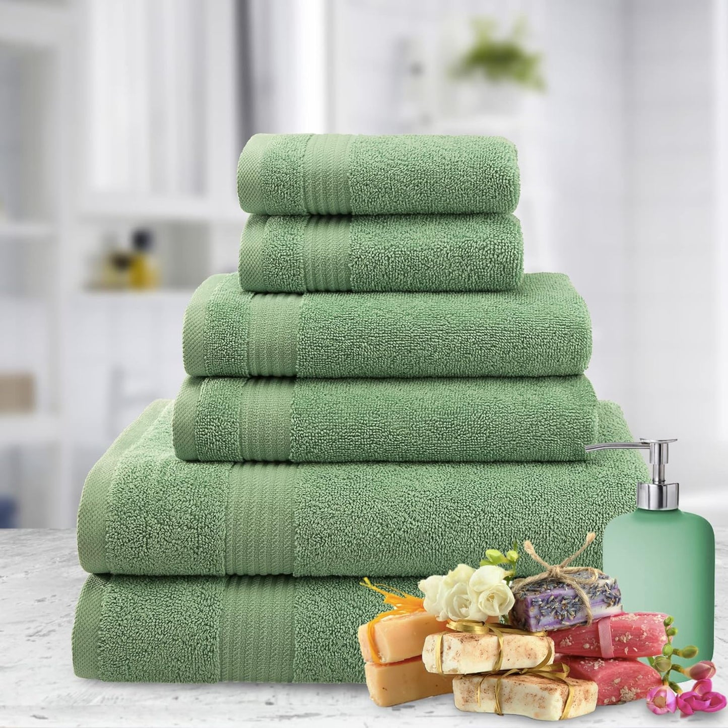 American Veteran Towel, 6 Piece Towel Set for Bathroom, 100% Cotton Turkish Bathroom Towels, 2 Bath Towels 2 Hand Towels 2 Washcloths, Sage Green