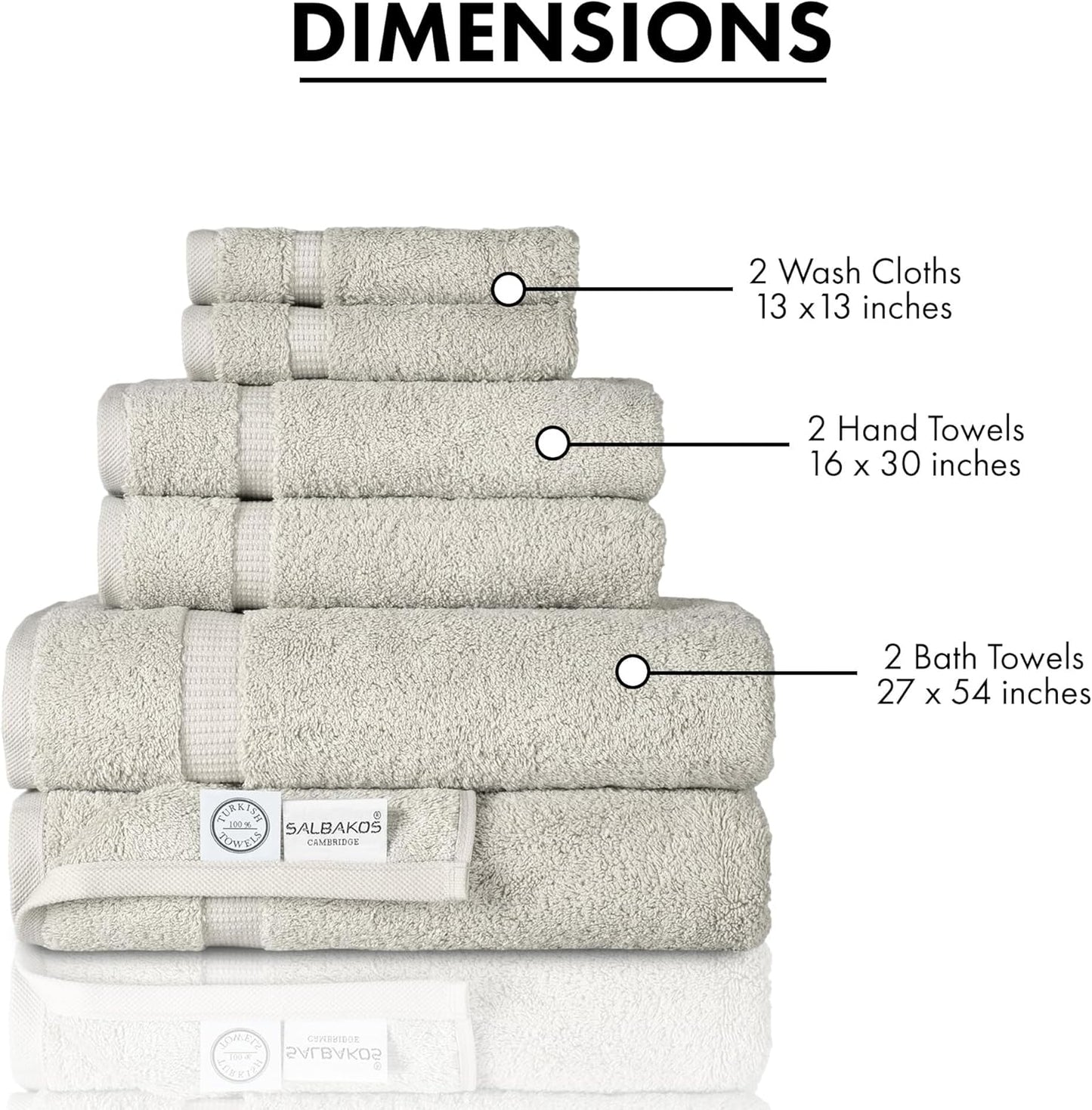 SALBAKOS 100% Turkish Cotton 6-Piece Towel Set | Heirloom Quality Hotel & Spa Collection | Soft, Super Absorbent 2 Washcloth, 2 Hand, 2 Bath Towel Sets | Made in Turkey (Stone, 6 Piece Towel Set)