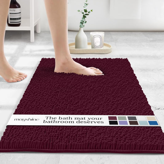MAYSHINE Plush Shaggy Chenille Bath Mat | Extra Soft, Super Absorbent, Non-Slip Bathroom Rug | Fluffy Microfiber, Area Rug Sets for Bathroom Floor, Kitchen, Living Room | 24"x17" | Burgundy