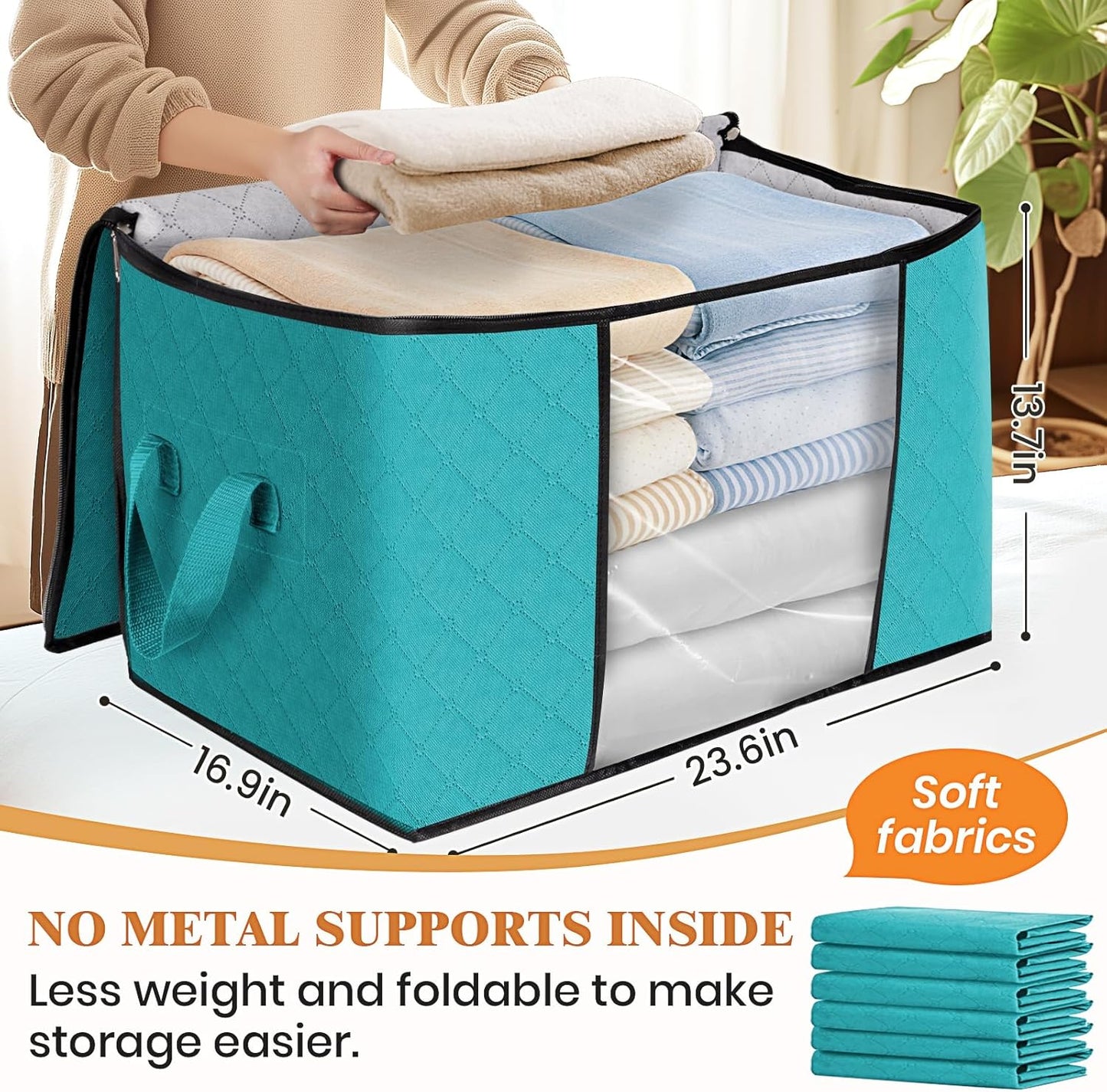 Fab totes 24 Gallons Clothes Storage, Foldable Thick Fabric Blanket Storage Bags, Containers for Organizing Bedroom, Closet, Clothing, Comforter, Organization with Handle (10 Pack,Green)