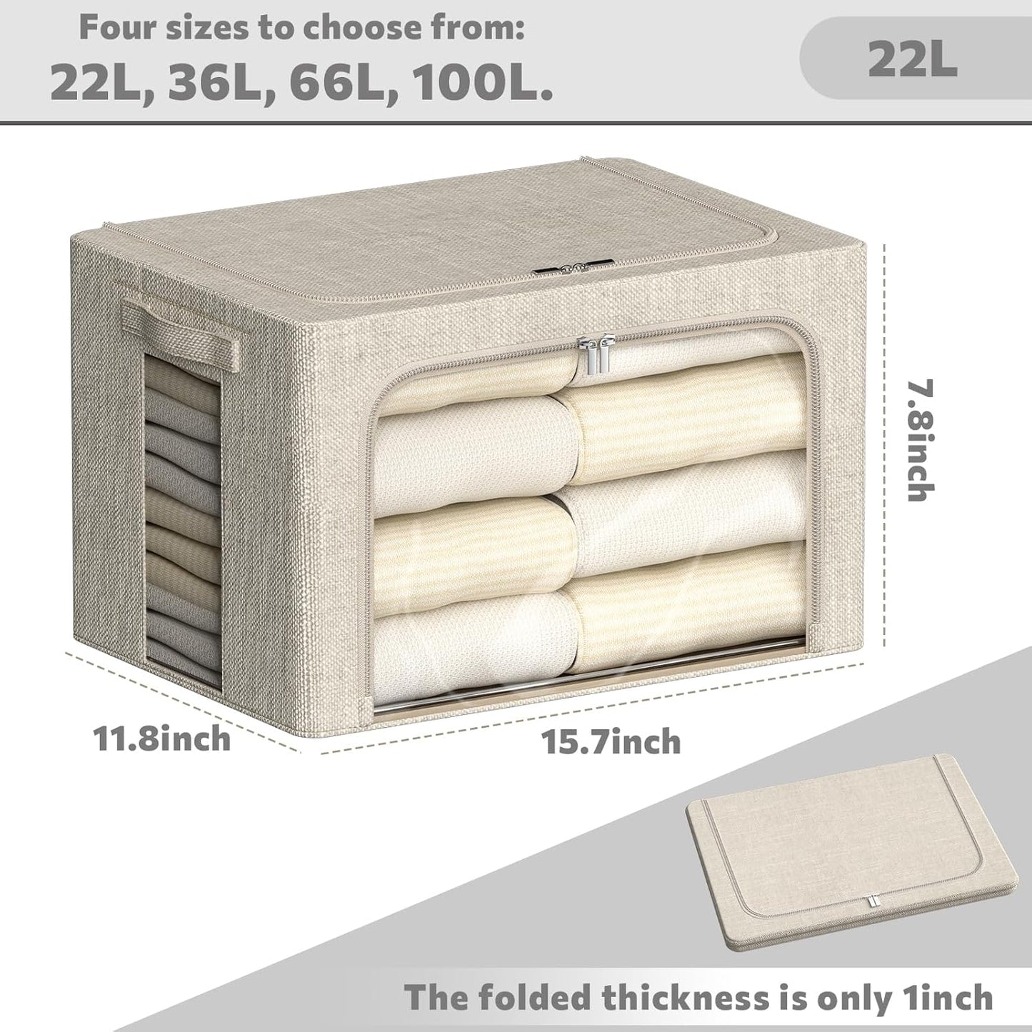 FHSQX 6 Pack Clothes Storage Bins with Metal Frame Foldable Storage Bins for Clothes Linen Fabric Storage Box with Clear Window (Beige, 15.7x11.8x7.8inch(22L))