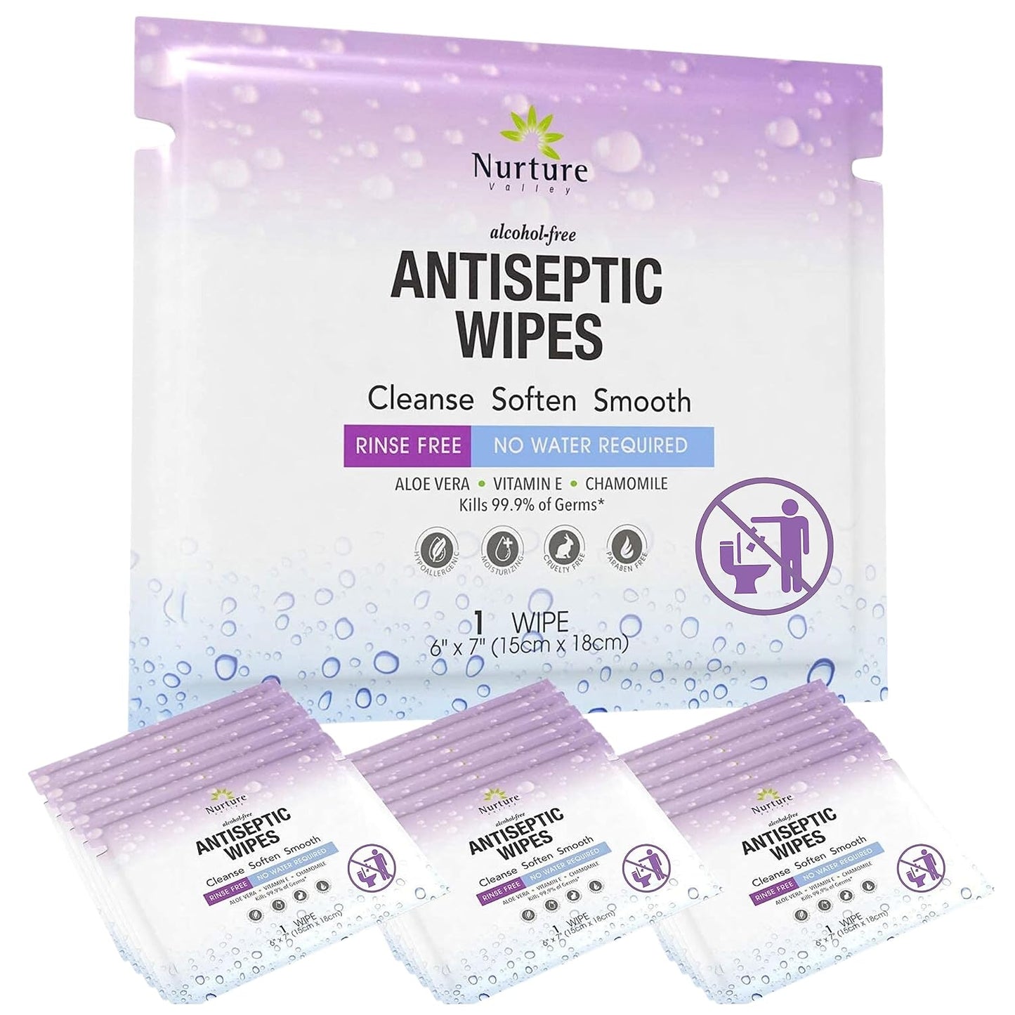 XL Individually Wrapped Nurture Antibacterial Body & Hand Wipes | Alcohol-Free Antiseptic Wet Disinfecting Towelettes for Germ Removal, Sanitizing Hands |Cleaning Cloths| Adults & Baby| Thick & Strong