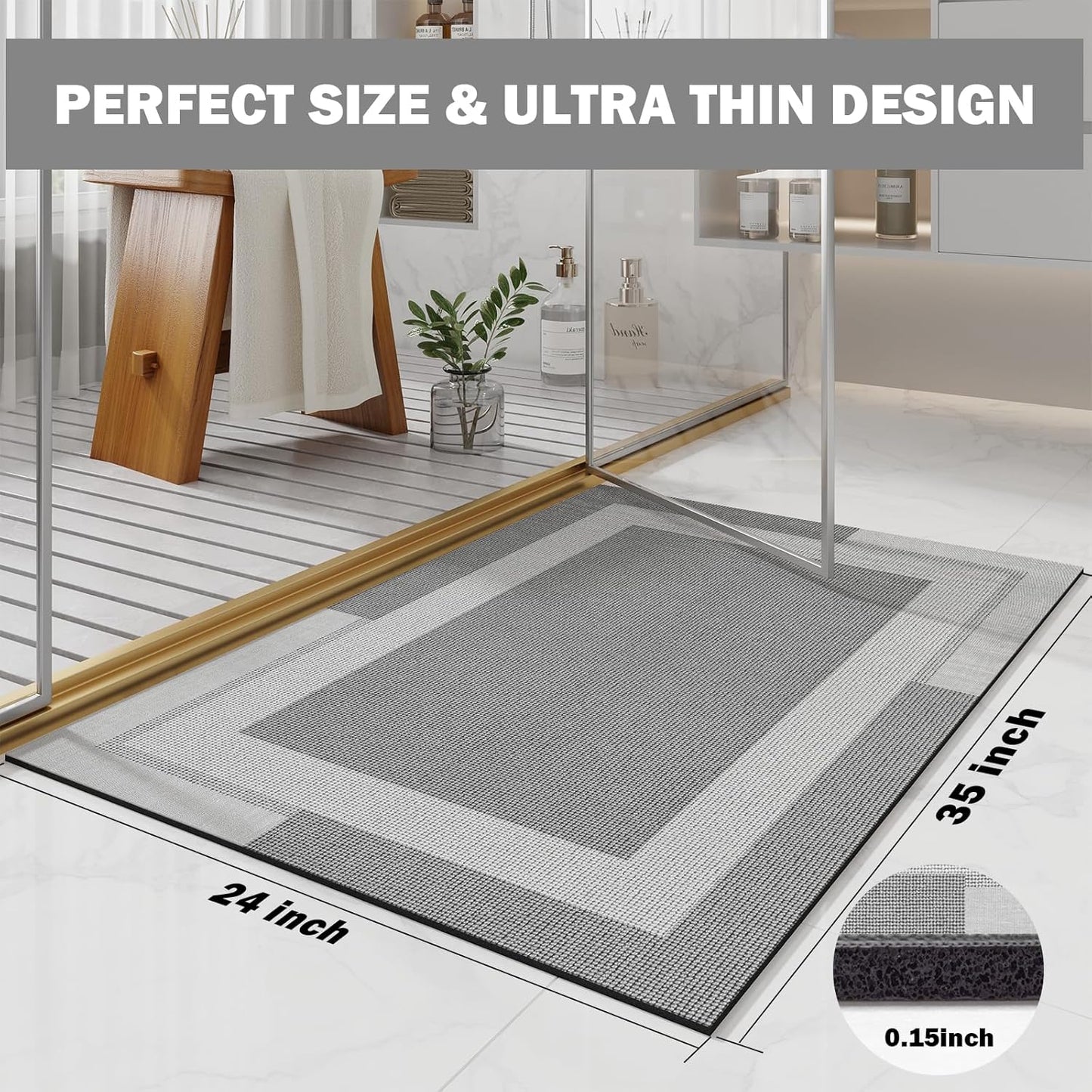 Non Slip Bath Mat, Rubber Backing Ultra Thin Bathroom Rugs Fit Under Door Quick Dry Super Absorbent Washable Bath Rug Shower Mat for Bathroom Floor Bathtub Shower Sink, Easy Care Gray 24"x 35"