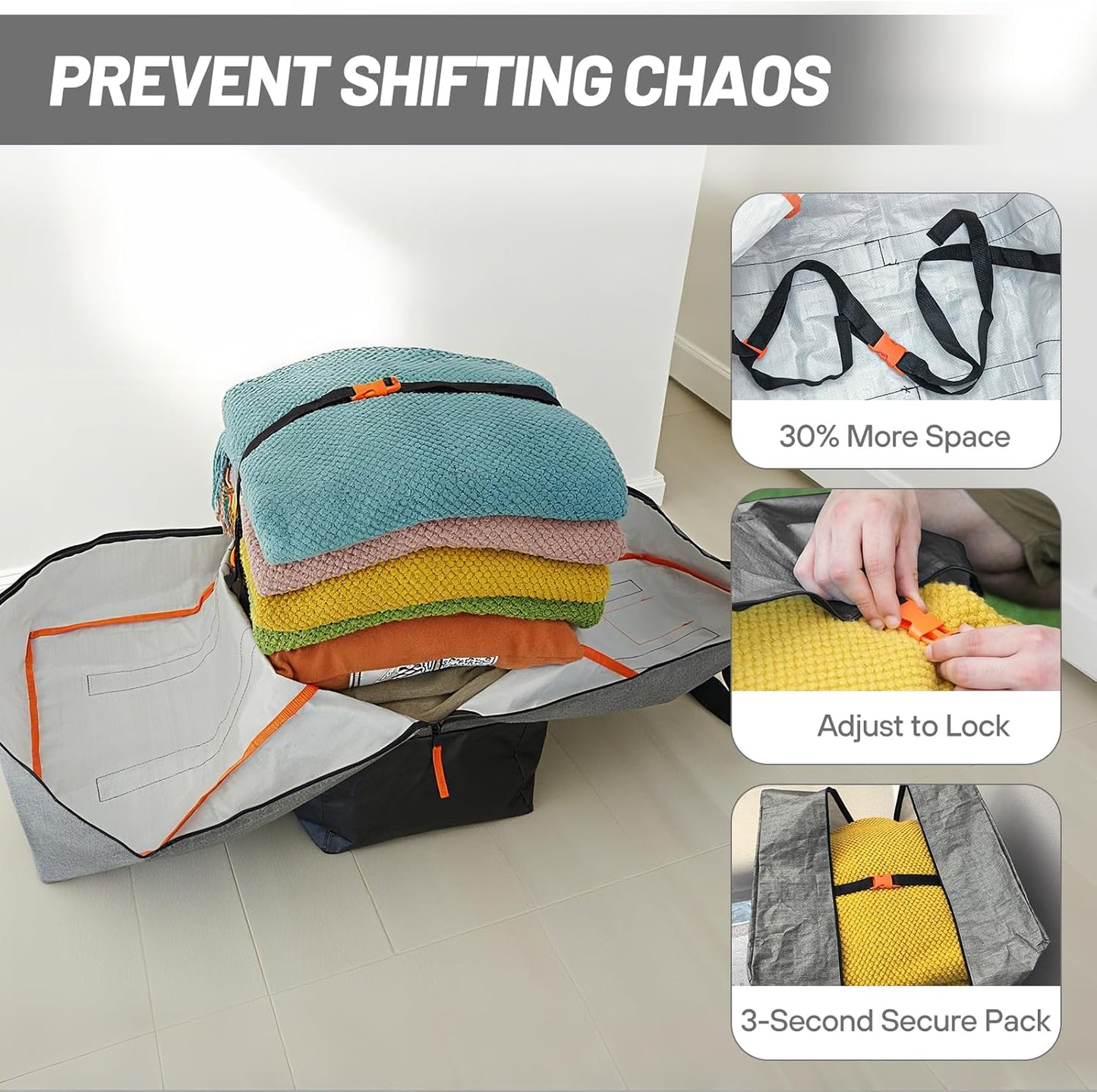 2 Pack Moving Bags, Heavy Duty Storage Bags with Zipper, Extra Large Packing Bags with Internal Compression Straps, Wrap Around Handles, Alternative to Moving Boxes, Grey and Black