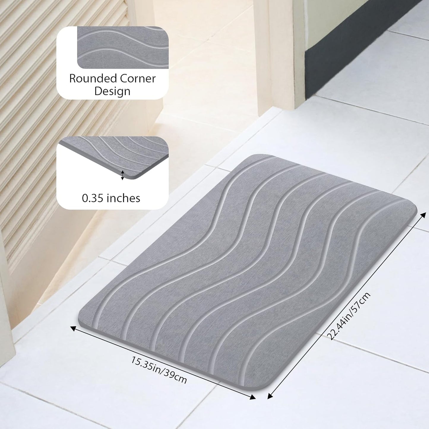 Absorbent Stone Bath Mat, Diatomaceous Earth Shower Mats, Non-Slip Water Absorbing Diatomite Stone Mat for Bathroom Floor, Quick-Drying Easy to Clean (23" x 16" Gray)
