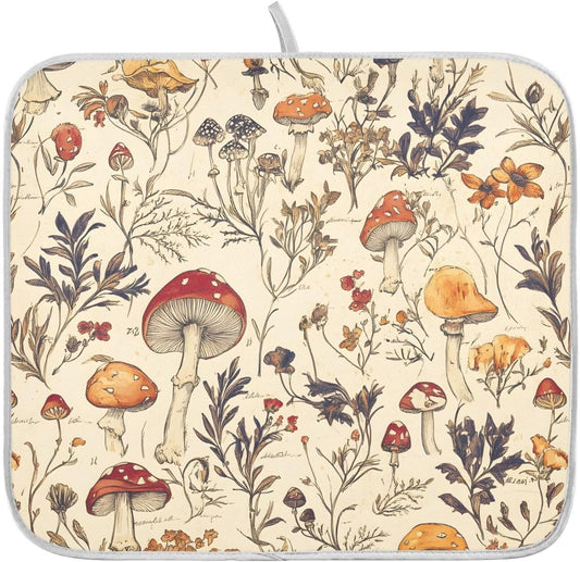 Mushroom Autumn Grass Dish Drying Mats for Kitchen Counter Absorbent Microfiber Dish Drying Matt 16 x 18 Inch Draining Reusable Rack Pad