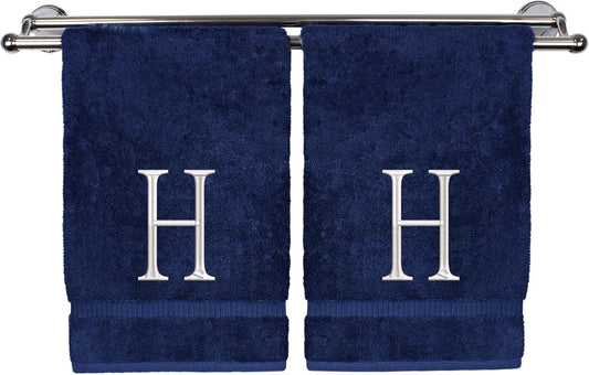 Monogrammed Hand Towel, Personalized Initial Gift, Extra Absorbent 100% Turkish Cotton - Soft Terry Finish - Set of 2 - White Block Initial H - Embroidered on Navy Blue Towels