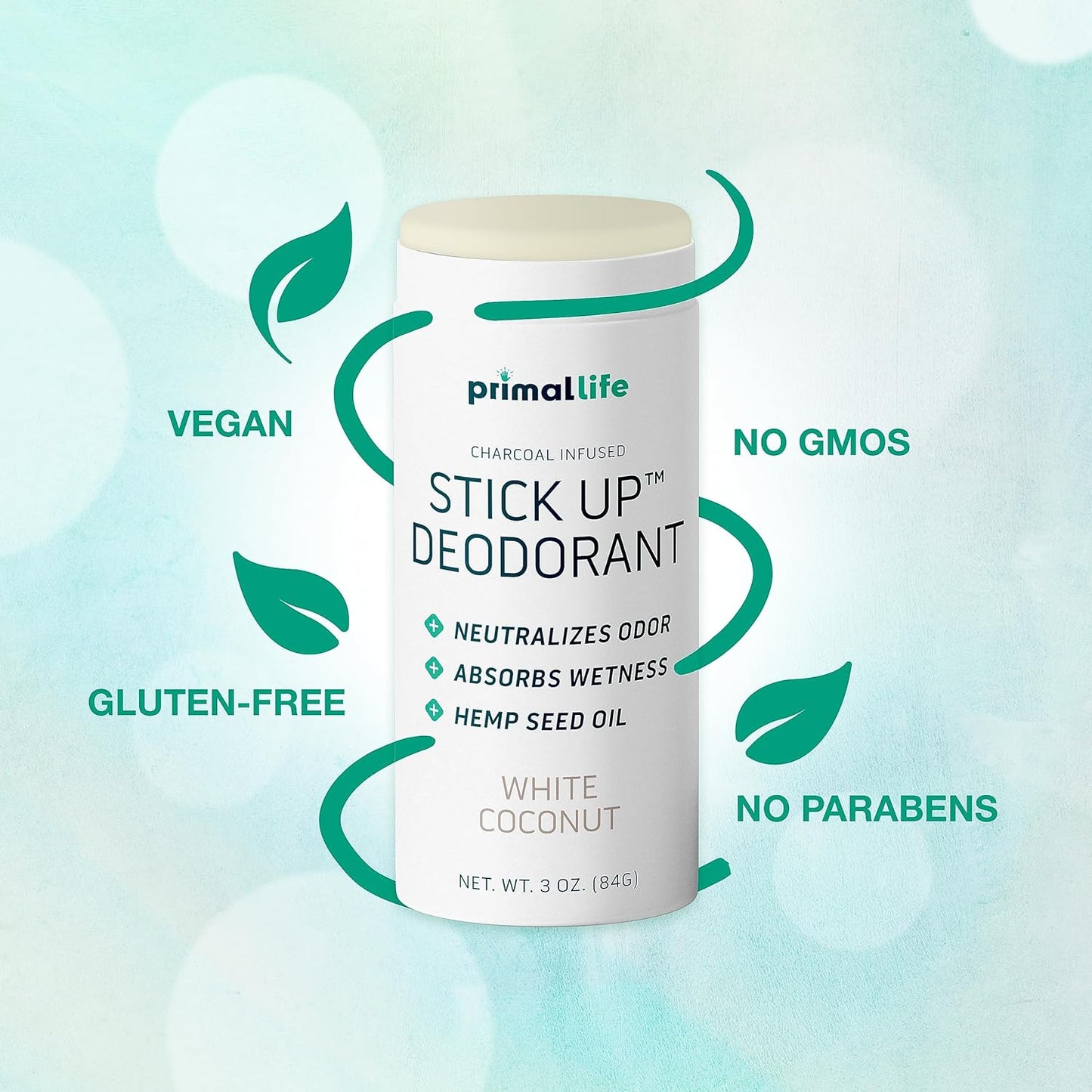 Stick Up Natural Deodorant for Women and Men with Bentonite Clay Powder, Arrowroot, Magnesium, Zinc, 3 oz. Vegan Deodorant for 3-4 months, White Coconut - Primal Life Organics