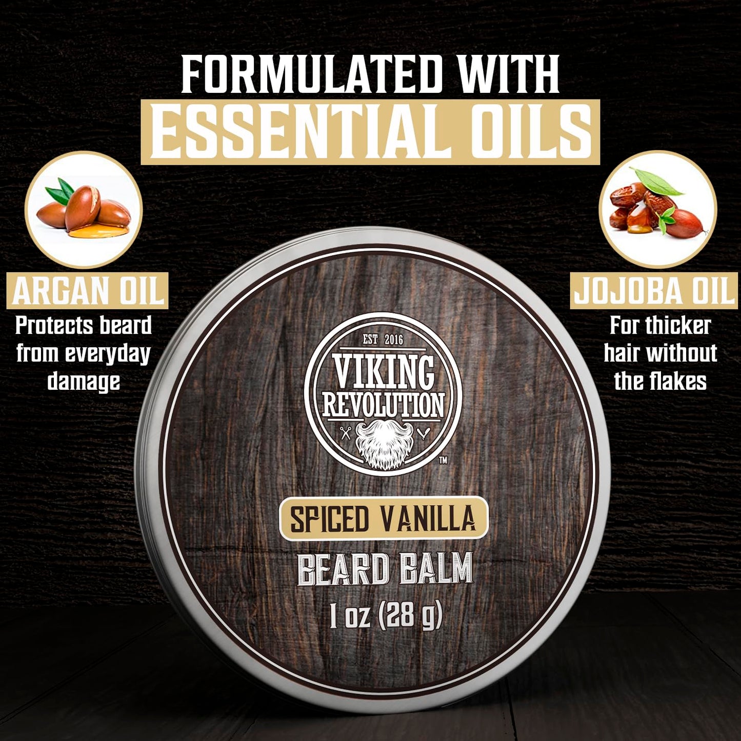 Viking Revolution 4 Beard Balm Variety Pack (1oz Each)- Spiced Vanilla, Sweet Tobacco, Majestic Oud, Citrus - Styles, Strengthens & Softens Beards & Mustaches - Leave in Conditioner Wax for Men
