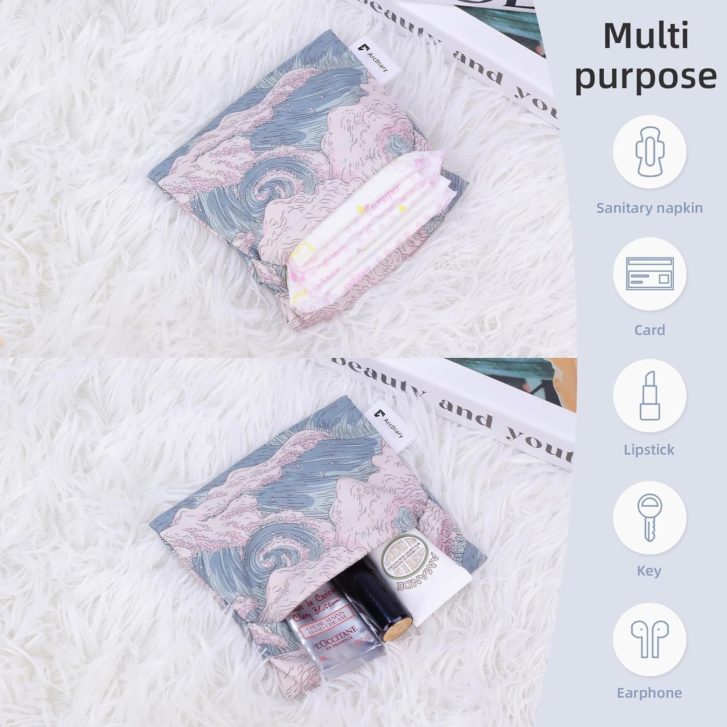 Period Bag for Teen Aged Girls, Portable Sanitary Pad Storage Bag for Teen Pads/Sanitary Napkins/Small Tampons, Feminine Menstrual Cup Pouch (Sea and Waves)