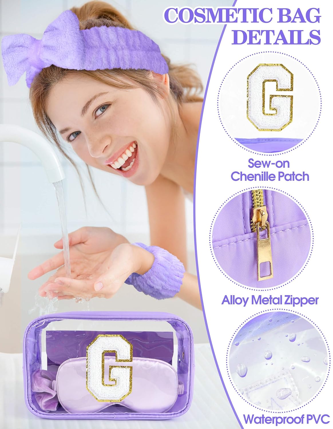 Gift Sets for Women, Initial Makeup Bag with Makeup Brush Set Bachelorette Party Favors, Purple Spa Kit with Skincare Headbands Wrist Bands Sleepover Party Supplies Gifts for Teen Girls Bridesmaid G