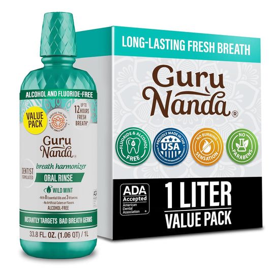 GuruNanda Fresh Breath Mouthwash, ADA-Accepted, Alcohol & Fluoride-Free, Sodium Chlorite, Essential Oils & Vitamins, 12-Hrs Fresh Breath, Wild Mint, 33.8 oz