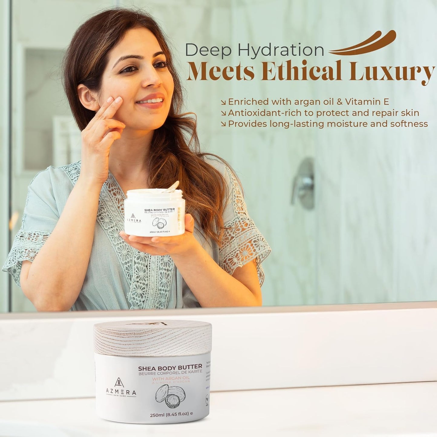 AZMERA Handcrafted Whipped Shea Body Butter – Unscented Moisturizer for Dry, Sensitive Skin with Argan Oil & Vitamin E – Vegan, Non-Greasy Whipped Body Butter for Women & Men – 8.82 oz