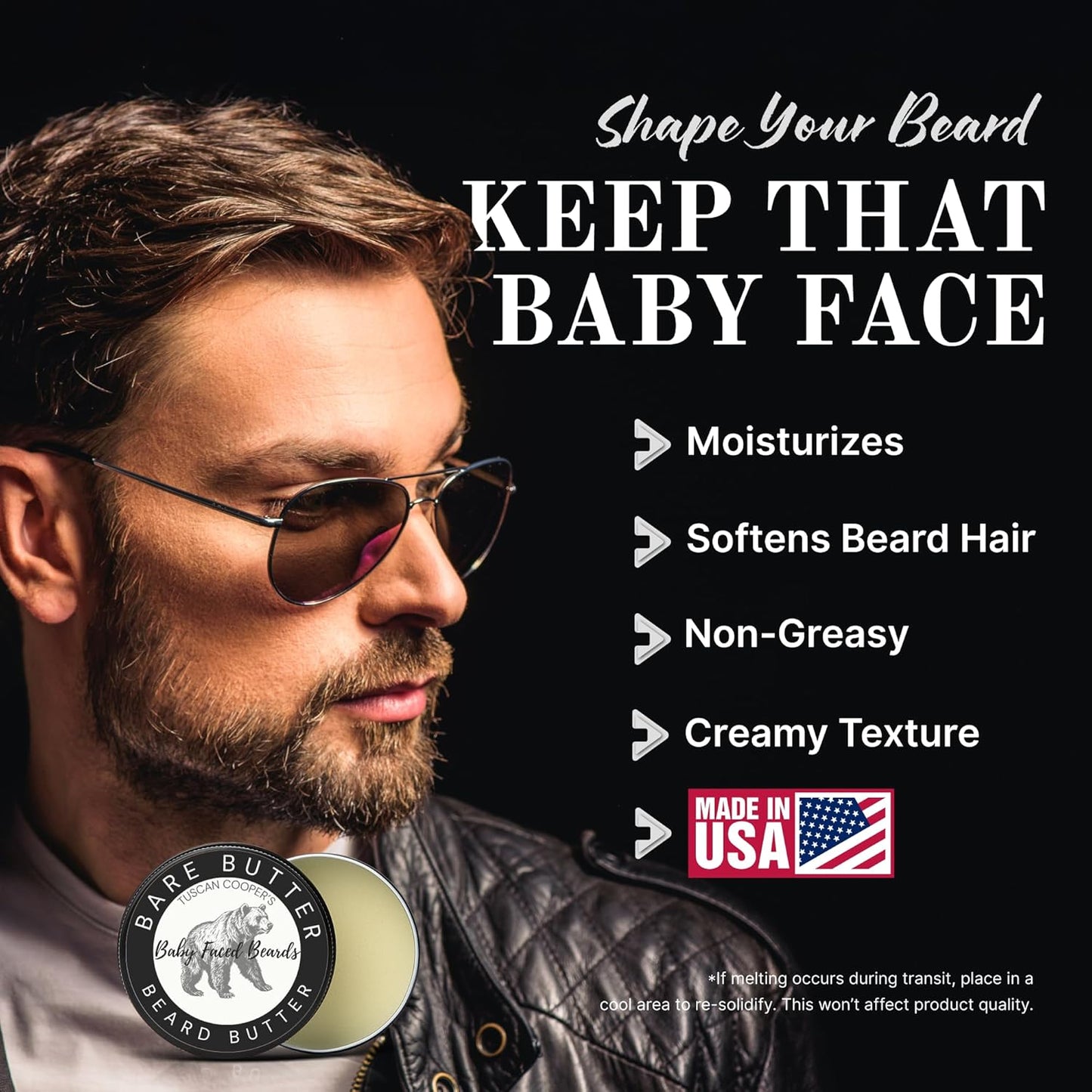 Tuscan Cooper's Baby Faced Beards Butter for Men - Moisturizing Beard Balm Cream and Softener for All Hair Types Including Coarse Hair - 4oz Hydration and Conditioning Care - Bare Unscented