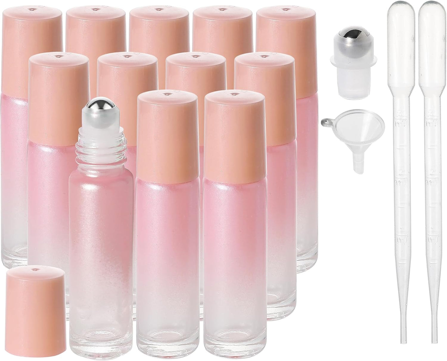 Essential Oil Roller Bottles, 10ml Thick Glass Perfume Roller Bottles with Funnel Opener and Dropper Colored Glass Empty Bottles with Stainless Steel Roller Balls (Pink, 12 Pack)