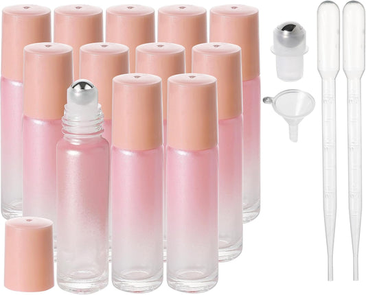Essential Oil Roller Bottles, 10ml Thick Glass Perfume Roller Bottles with Funnel Opener and Dropper Colored Glass Empty Bottles with Stainless Steel Roller Balls (Pink, 12 Pack)
