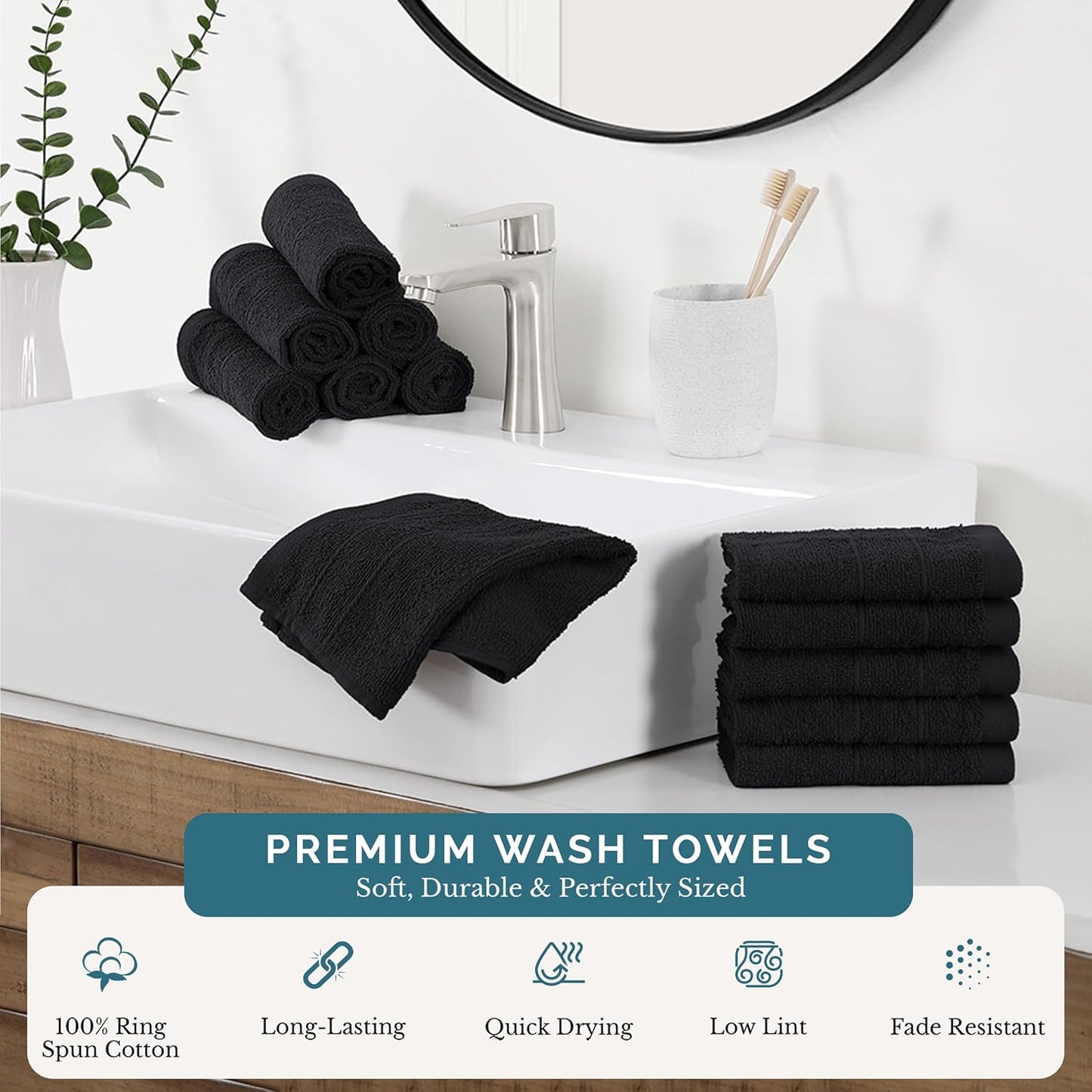 Casa Platino 100% Cotton Washcloths 12 Pack - Spa & Salon Quality Face Towels - Ring Spun, Soft & Absorbent Wash Cloths for Body, Beauty, Home, Gym - Fingertip Towels Set- 13"x13", Black Towel Set