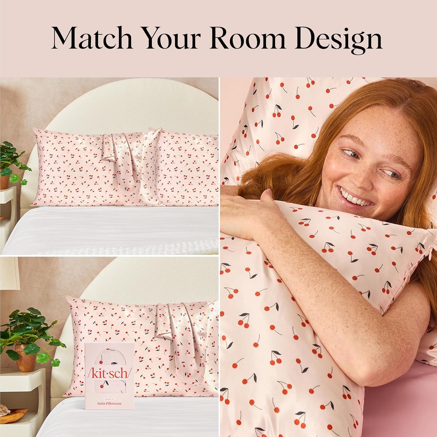 Kitsch Satin Pillowcase, Softer Than Silk Pillow Cases Queen, Cooling Pillow Covers, Satin Pillowcase w/Zipper for Hair, Skin & Quality Sleep, Wrinkle-Free & Smooth, Queen Size 19"x26", Cherry Print