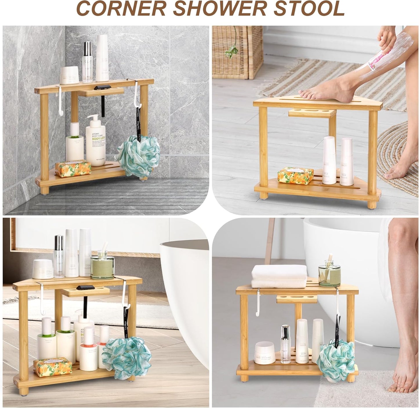 Bamboo Small Shower Corner Stools Bench,Waterproof Shower Chair for Inside Shower, with 2 Tire Storage Shelf,Foot Rest for Shaving Legs for Small Space,Gifts for Women/Mom,14.5x8.6x12 Inch