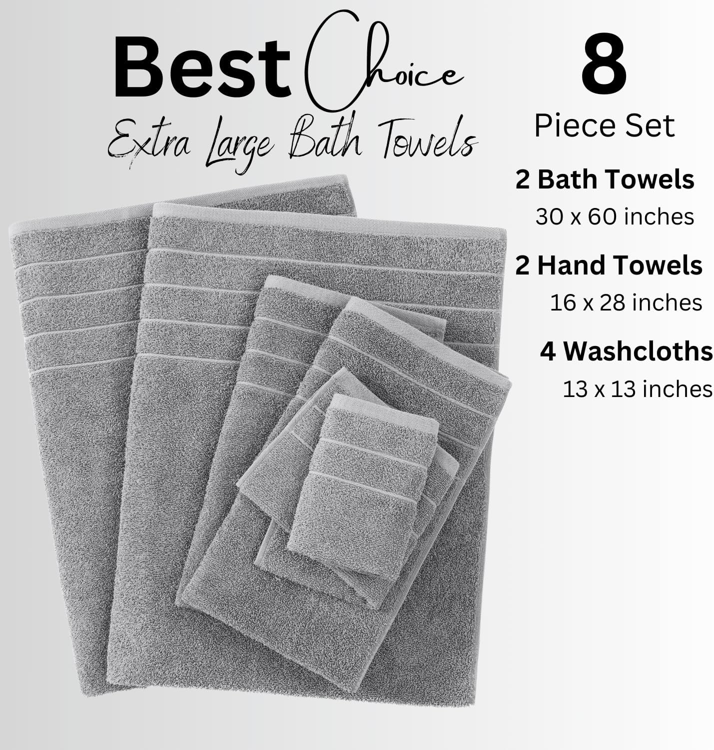 Casa Platino 100% Cotton 8 Piece Bath Towel Set - Ring Spun, Quick Dry, Super Soft & Highly Absorbent - 2 Bath, 4 Washcloths, 2 Bathroom Hand Towels - Hotel Quality Bathroom Towel Set - Ultimate Grey