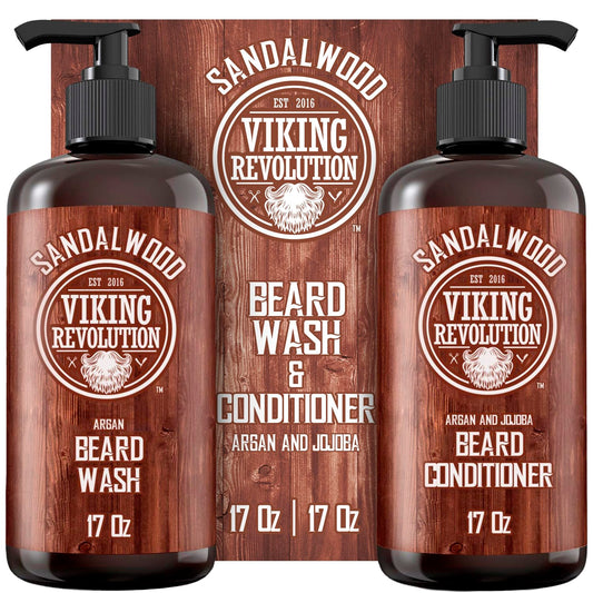 Viking Revolution Beard Wash & Beard Conditioner Set with Argan & Jojoba Oils - Softens and Strengthens - Natural Sandalwood Scent - Beard Shampoo with Beard Oil (17 oz)