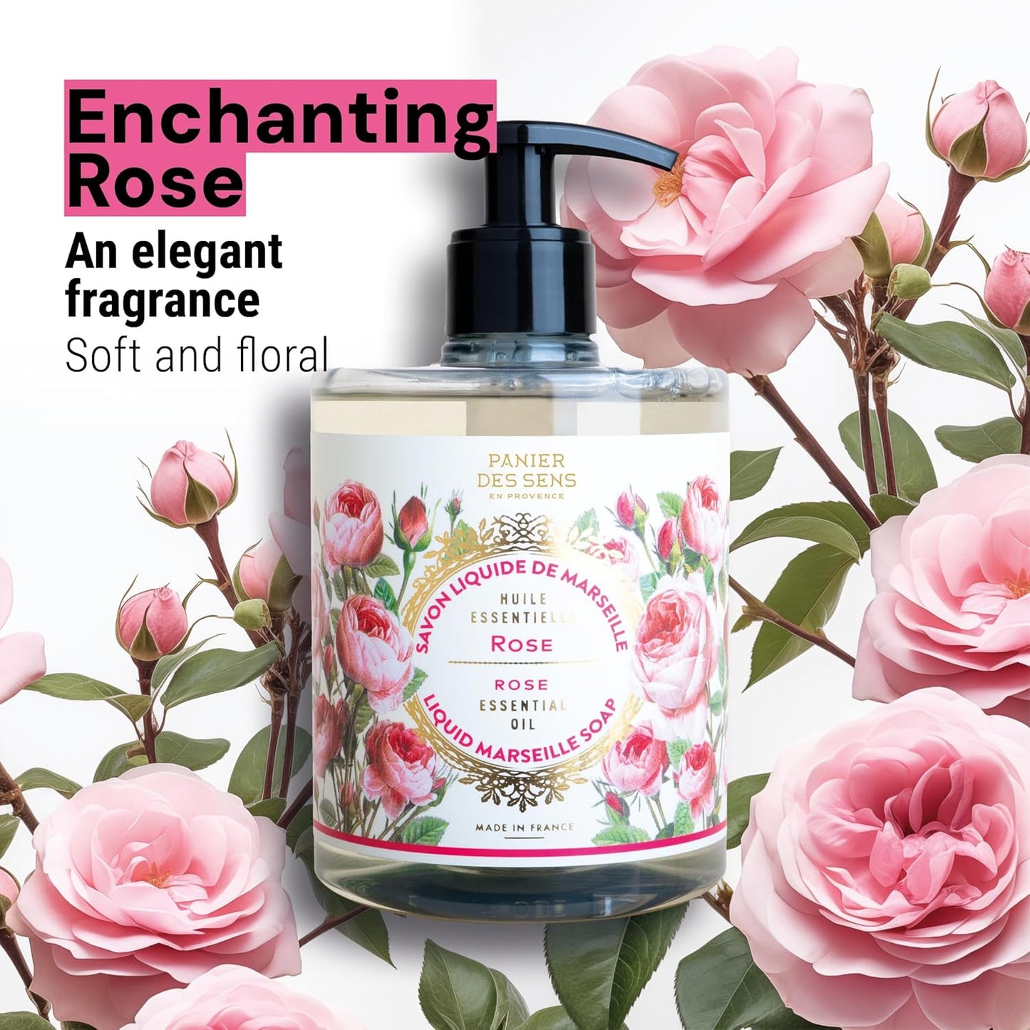 Panier des Sens Moisturizing Hand Soap - Rose Floral, Feminine Fragrance - French Traditional Savon de Marseille Soap - Refillable Kitchen & Bathroom Soap - 16.9 Fl.oz Liquid Hand Wash 97% Natural