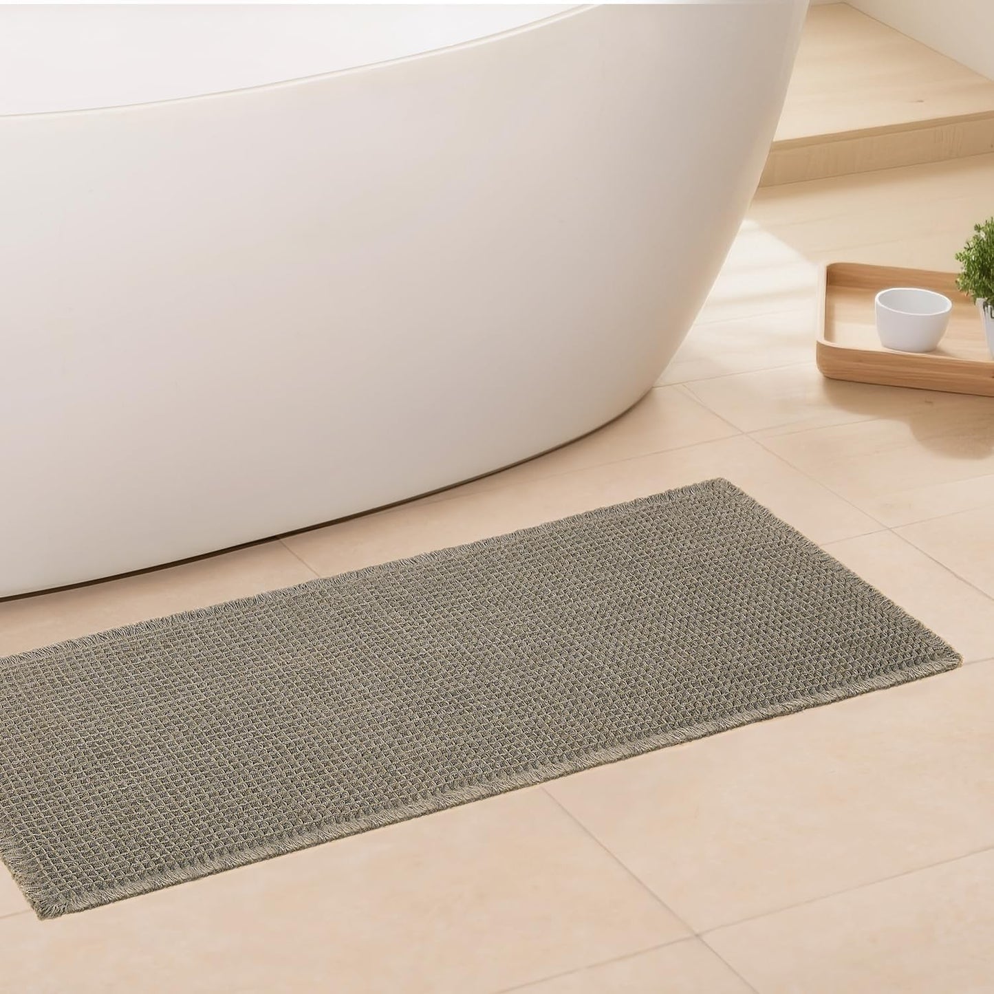 Waffle Runner Bath Mat - Long Boho Bathroom Rugs Non Slip Washable, Super Absorbent & Quick Dry, Soft Bath Mat Farmhouse Bathroom Decor, 24'' x 72'', Olive Green