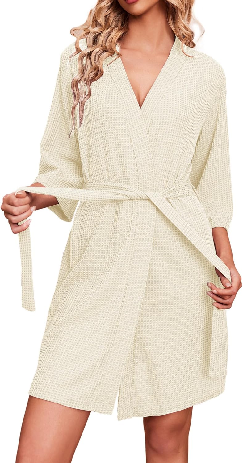 Ekouaer Robes for Women Waffle Knit Bathrobe Soft Lightweight Knee Length Loungewear S-XXL
