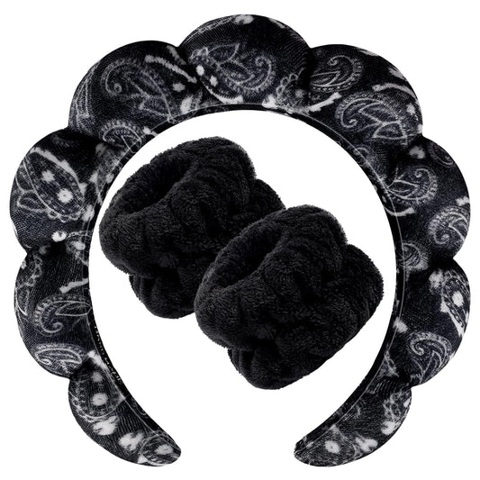 Zkptops Spa Headband for Washing Face Wristband Set Sponge Makeup Skincare Velvet Fabric Bubble Soft Get Ready Hairbands for Women Puffy Headwear Non Slip Thick Thin Hair Accessory(Black Large Nuts)