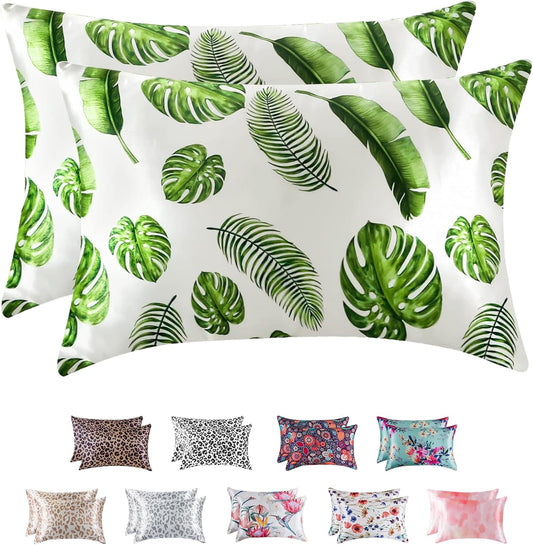 MR&HM Satin Pillowcase for Hair and Skin, Silk Satin Pillowcase 2 Pack, Standard Size Pillow Cases Set of 2, Silky Pillow Cover with Envelope Closure (20x26, Leaves)