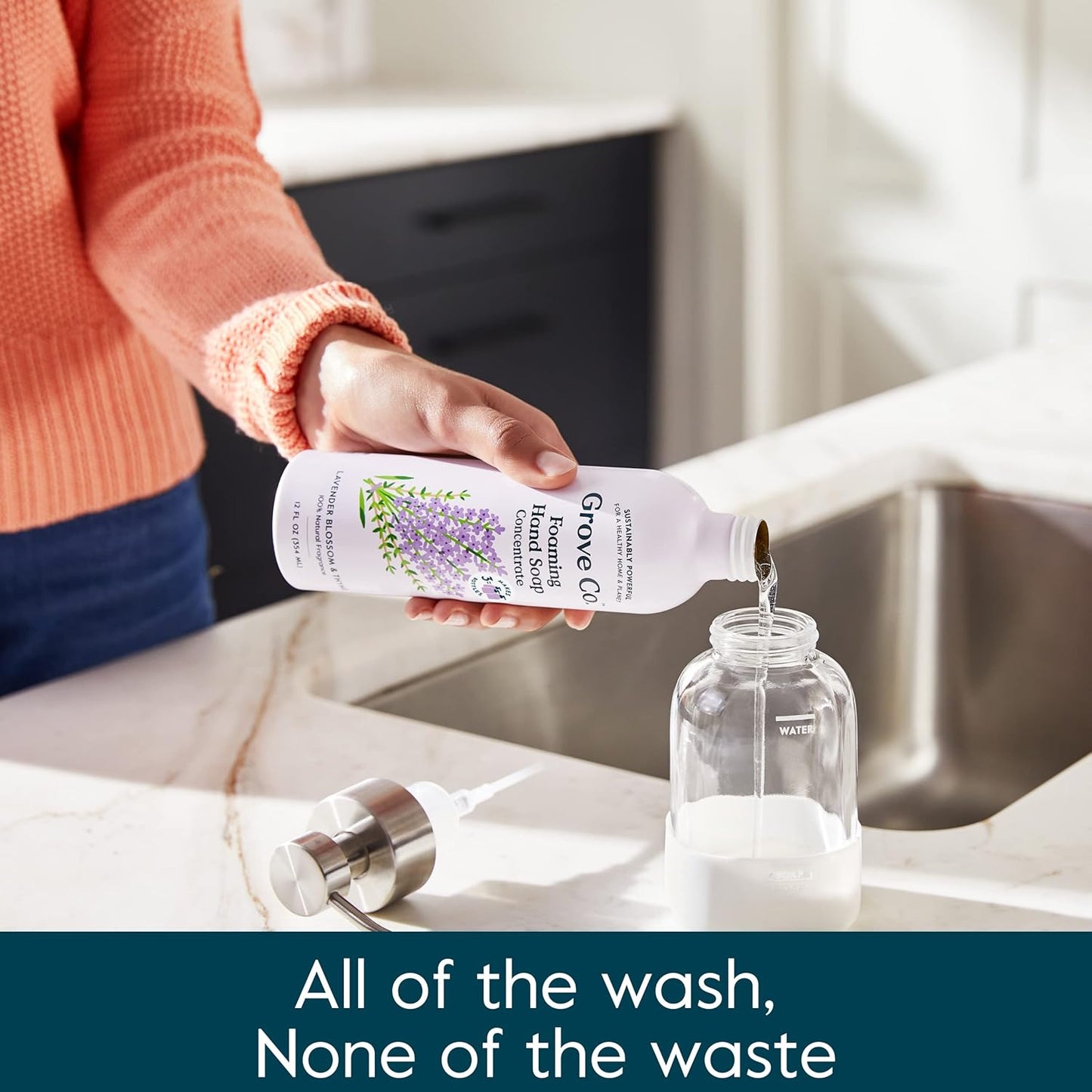 Grove Co. Foaming Hand Soap Concentrate (12 Fl Oz) + Reuseable Glass Soap Dispenser, Plastic Free and Liquid Refillable Starter Kit, Natural Lavender Blossom & Thyme Fragrance