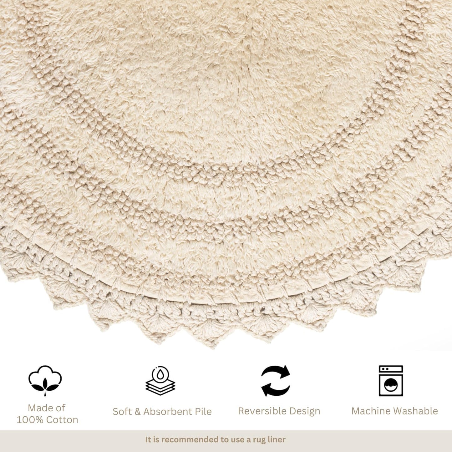 RAJRANG Circle Bathroom Mat for Kitchen and Spa with Crochet Pattern Cotton Absorbent Soft Reversible Woven Bath Rug Shortbread Round 24 Inches