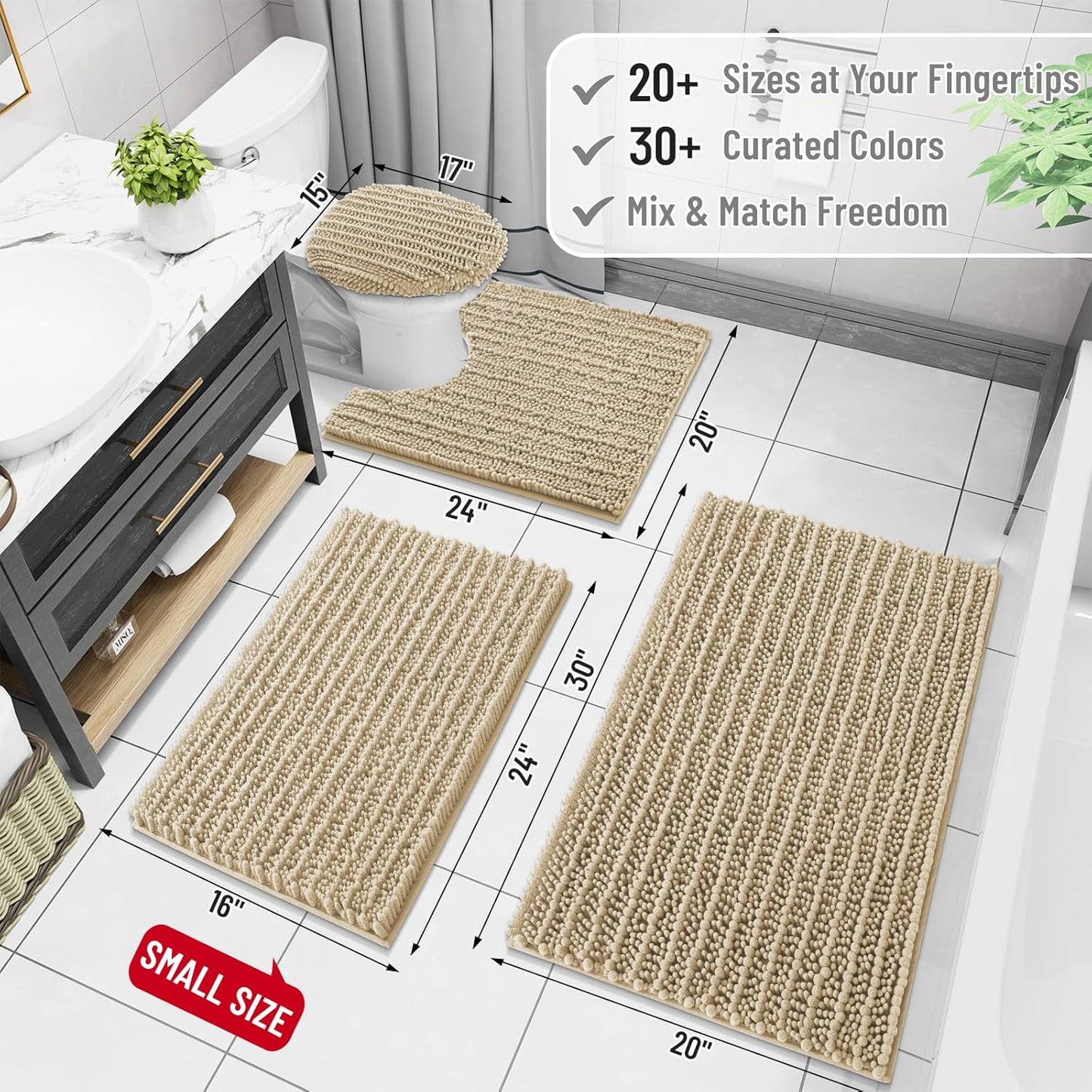 Arotive Luxury Chenille Bathroom Rug Mat, Extra Soft Thick Absorbent Shaggy Bath Rugs, Non-Slip Machine Wash Dry, Plush Bath Mats for Bathroom, Shower and Tub, 44x32, Beige