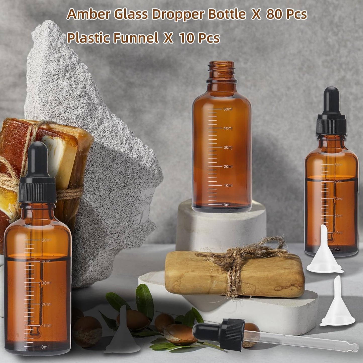 80 Pack 1.7oz (50ml) Amber Glass Dropper Bottles with Lip – Measurement Eye Dropper & Tincture Bottles with Dropper & 10 Funnels for Essential Oils, Serums, and Liquid Products