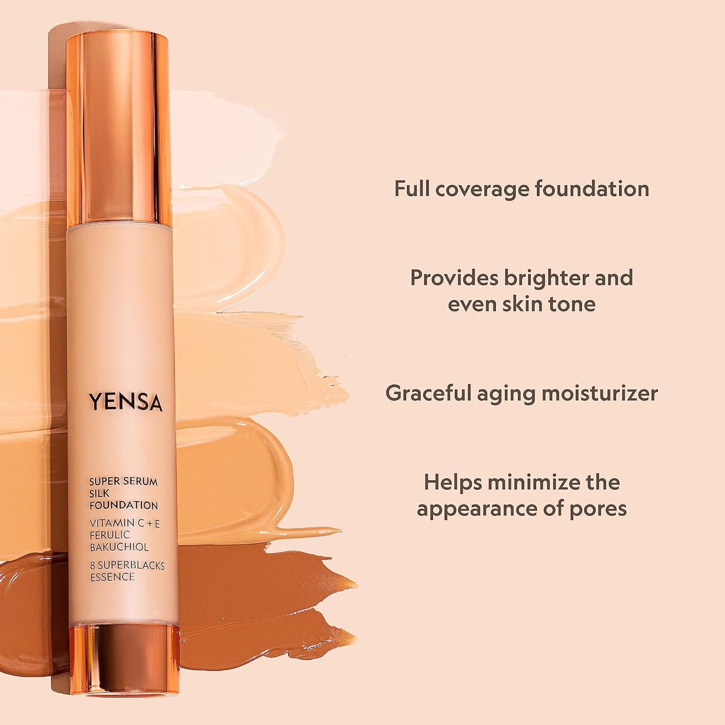 YENSA Serum Foundation Makeup - Super Silk Full Coverage Foundation Enriched with Peptides, Vitamin C & Ferulic Acid to Help Reduce Fine Lines, Wrinkles & Dark Circles - Deep 4 (1 oz)