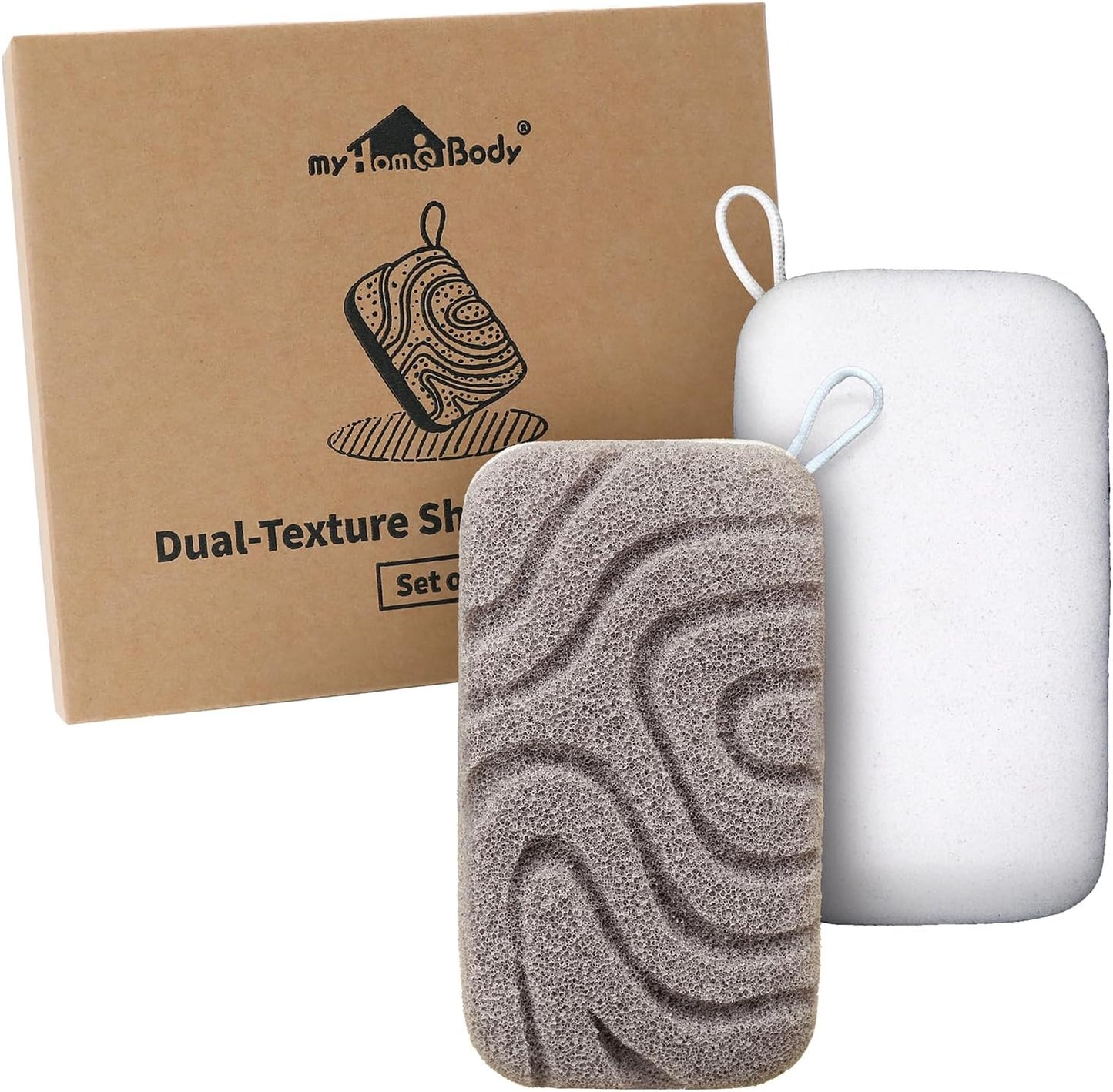myHomeBody Dual-Texture Shower Sponge, Beauty Body Scrubber Exfoliator for Women, Exfoliating Loofah for Men, 2pc