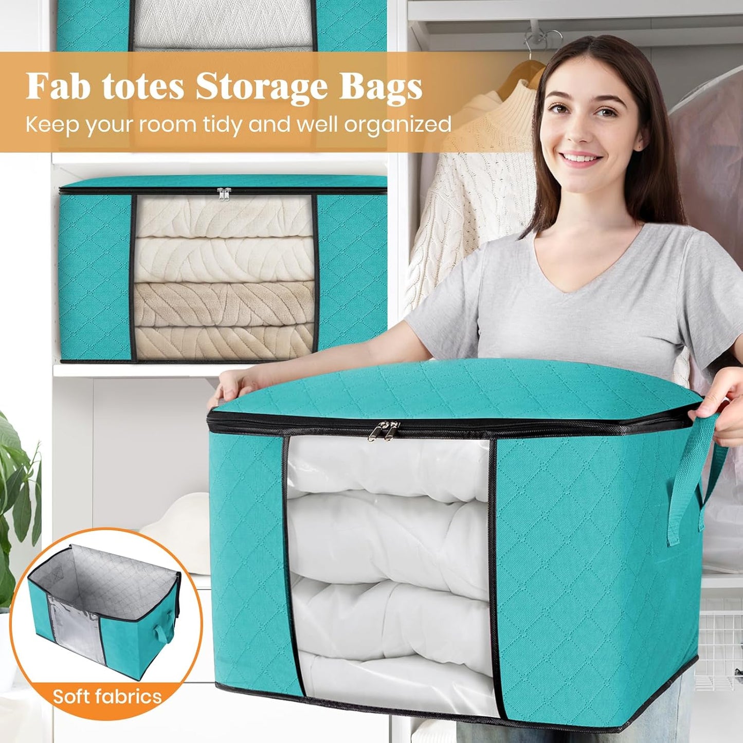 Fab totes 24 Gallons Clothes Storage, Foldable Thick Fabric Blanket Storage Bags, Containers for Organizing Bedroom, Closet, Clothing, Comforter, Organization with Handle (3 Pack,Green)