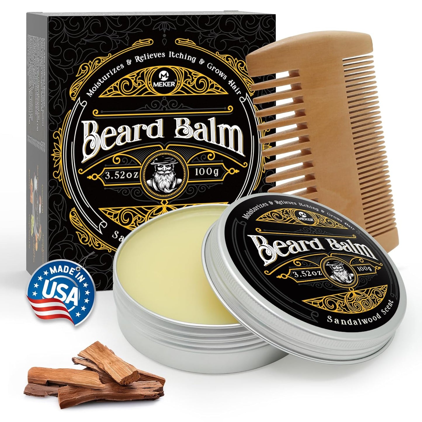 MEKER Beard Balm, Beard Softening Leave-in Balm with Brush, All-Natural Anti-Itch, Organic Beard Conditioner for Softening, Stops Itch, Grows, 3.52 OZ