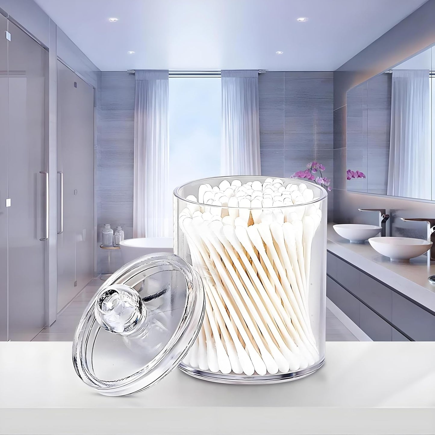 AXX Qtip Dispenser Apothecary Jars Bathroom - Qtip Holder Storage Canister Clear Plastic Jar for Cotton Swab,Q-Tips,Cotton Rounds (Clear 4Pcs)