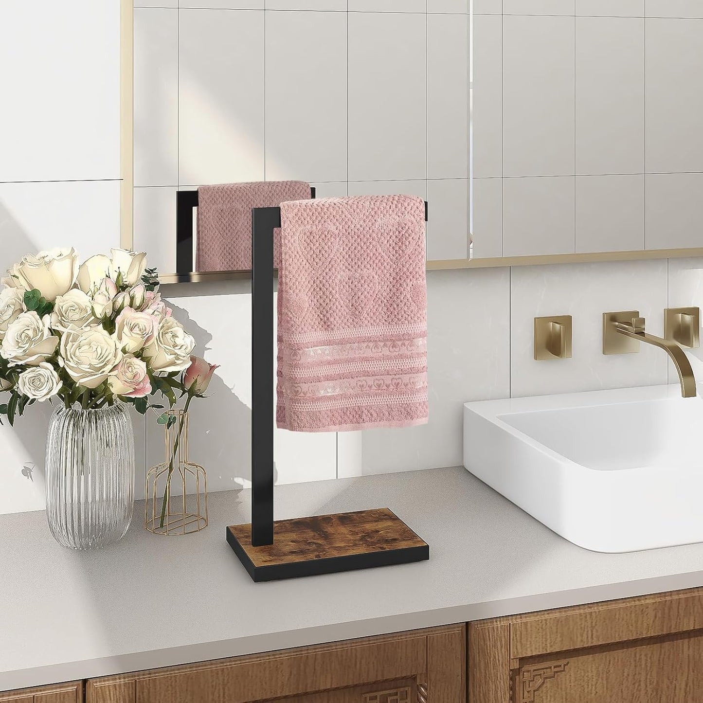 Hand Towel Holder for Bathroom, Hand Towel Stand with Wood Base, L-Shape Hand Towel Rack Height 16.3'' for Vanity Countertop, Kitchen Counter, (Rustic Brown-Square Base-L Shape)