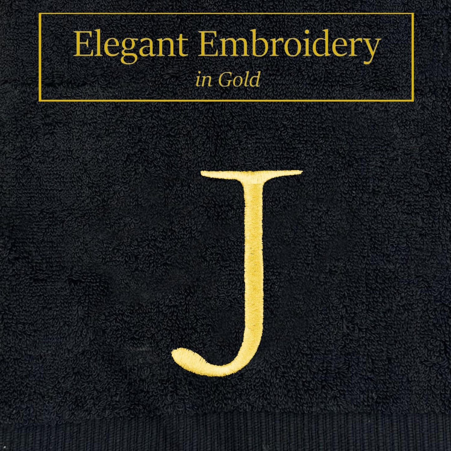 Black, Letter Hand Towel for Bathroom - Monogrammed Initial Hotel Quality Decorative Embroidered Towel for Powder Room, Spa - GOTS Organic Certified - Pack of 2, Letter J