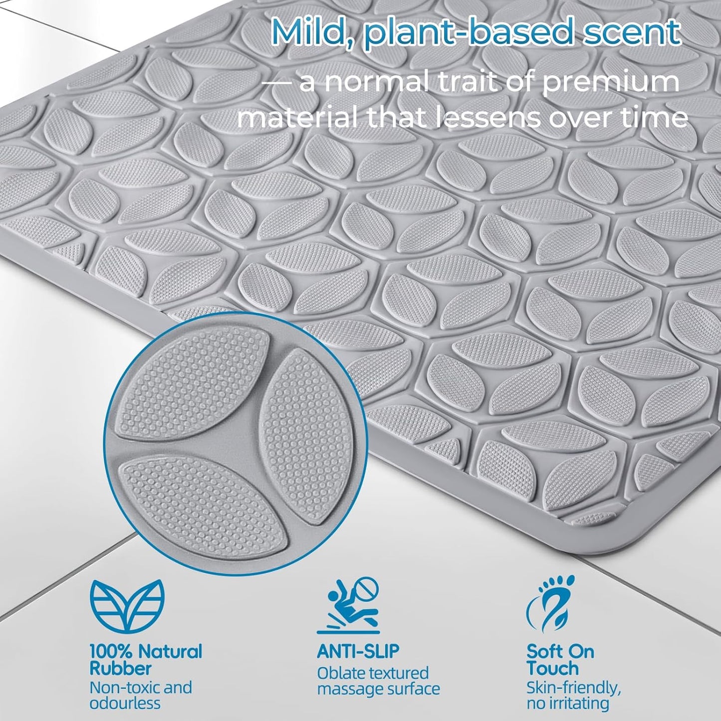 WRISIN Bathtub Mat Non Slip with Suction Cups - 100% Rubber Bathroom Mat Textured for Bath Tub Shower Safety - Soft on Touch - BPA/PVC Free - Pet Dog Bath Mat - Machine Washable - 17 × 35 Inch（Gray）