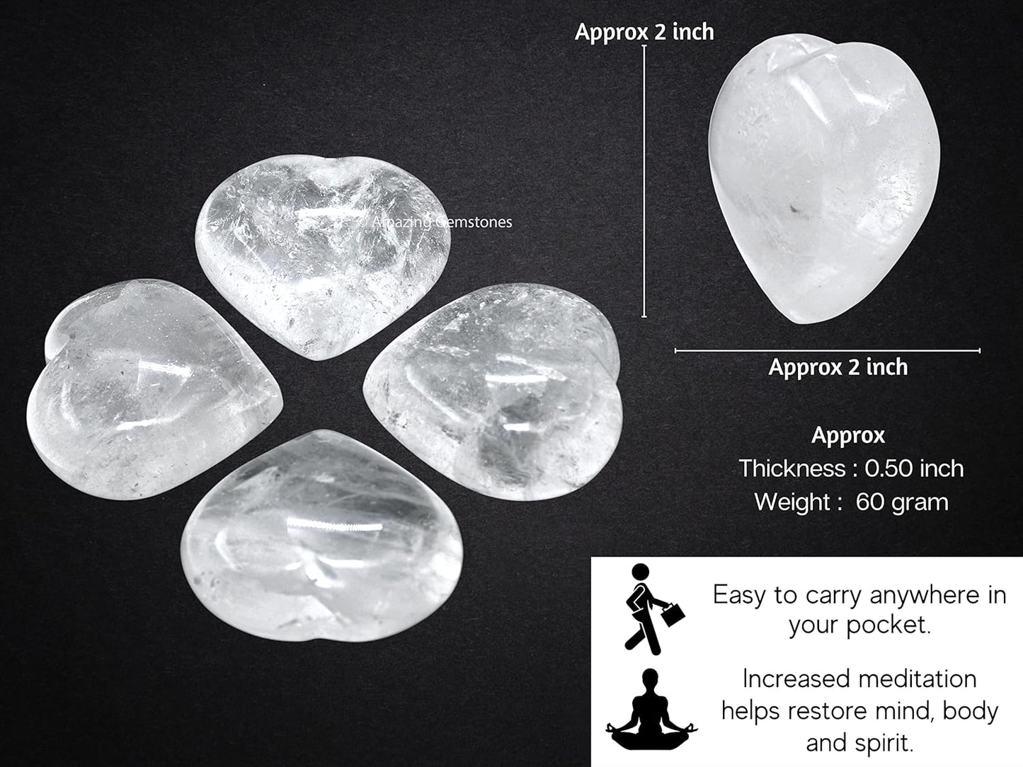 Amazing Gemstone Clear Quartz Crystal Heart Palm Stone - Pocket Massage Worry Stone for Natural Body Chakra Balancing, Reiki Healing and Crystal Grid