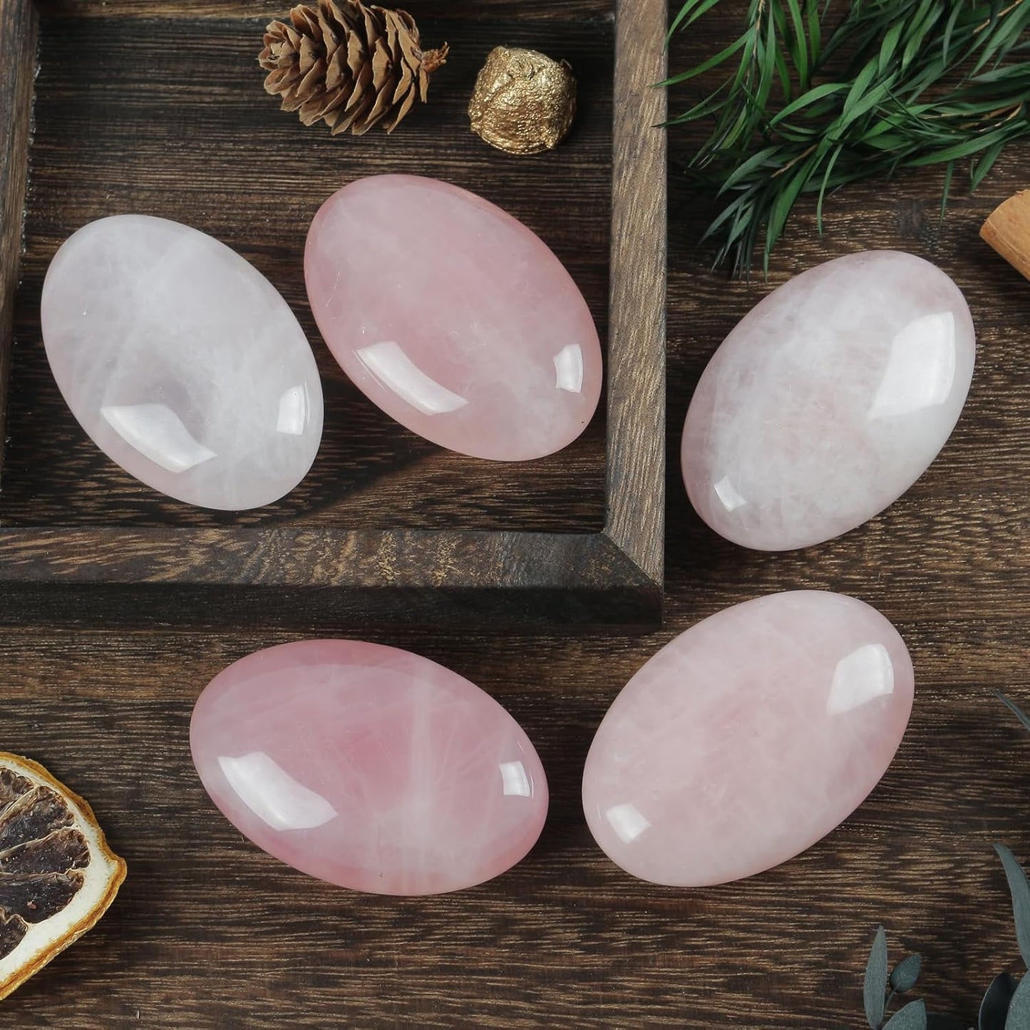 Natural Rose Quartz Oval Polished Worry Stones, Healing Crystal Indoor Fountain Stones Massage Energy Anxiety Relief Items