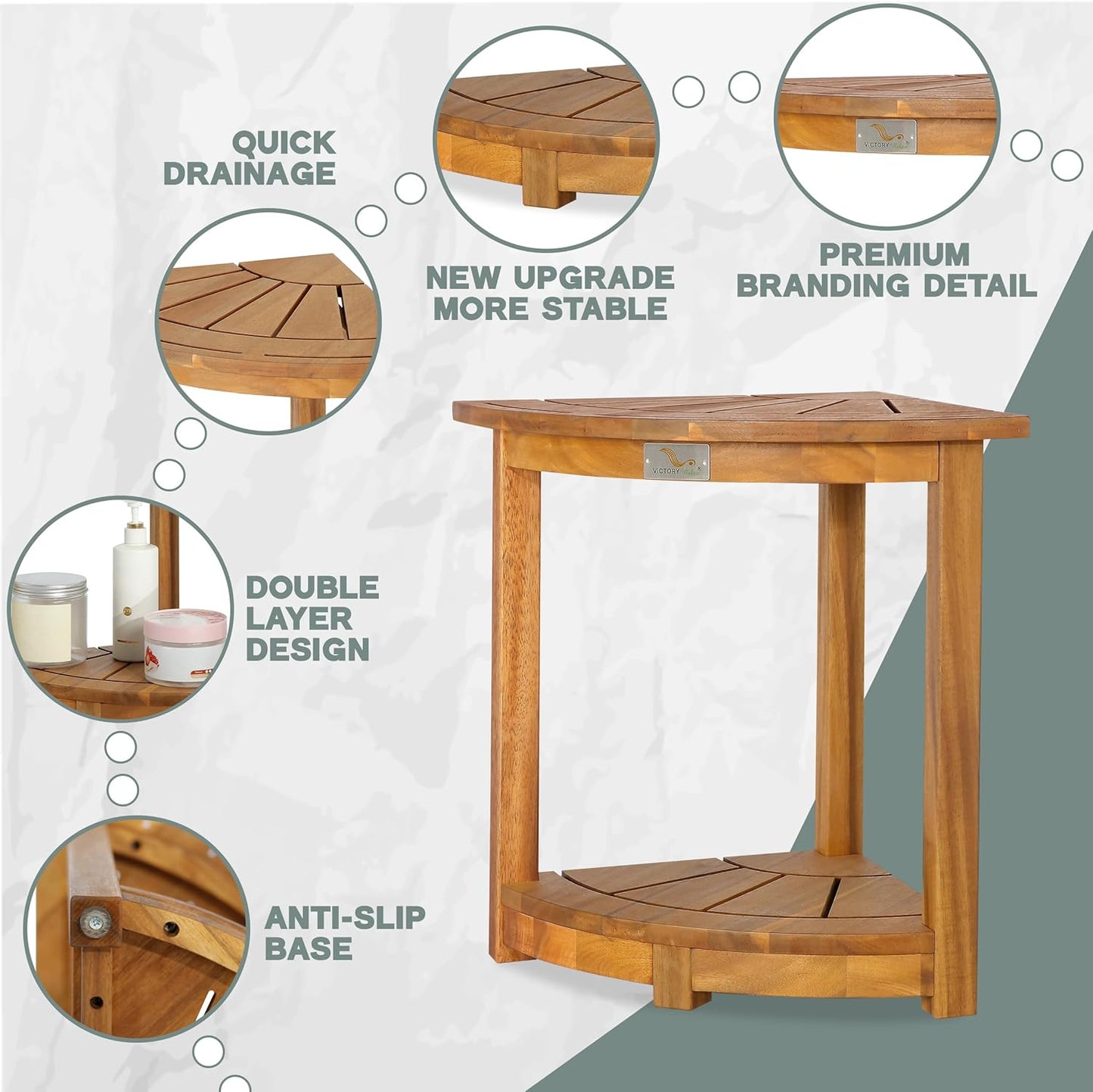 Acacia Corner Shower Stool, Waterproof Spa Foot Rest & Bath Bench with Storage Shelf & Soap Dish, Ideal for Bathroom, Shaving Legs, or as Small Corner Table/Step Stool (Natural)