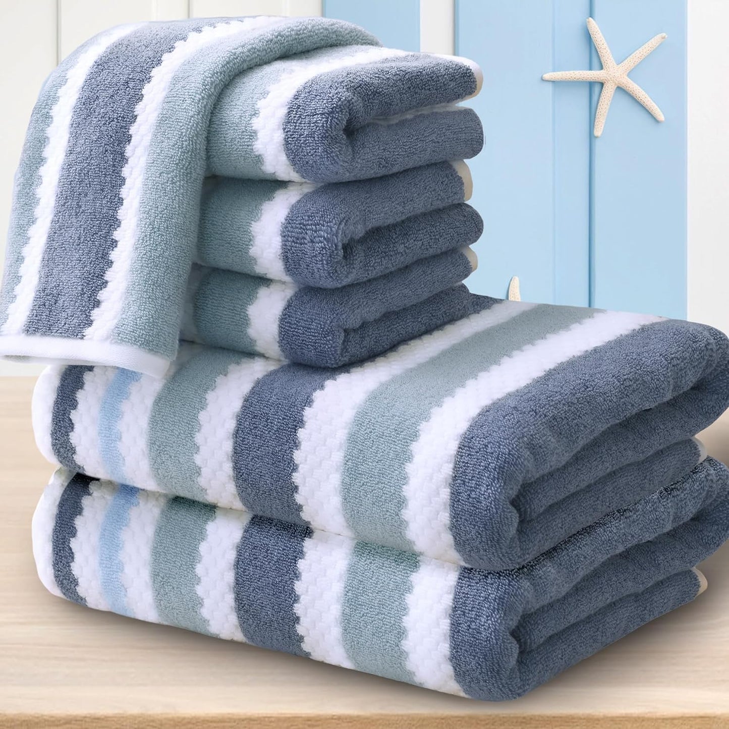 Waffle Towels for Bathroom - Quick Dry | Thick | Lightweight | 500GSM, 2 Large Bath 28"x52", 4 Hand 16"x27", Cotton Polyester Blend Towels, Shower Towel with Hanging Loops, Blue Gray Stripe and White